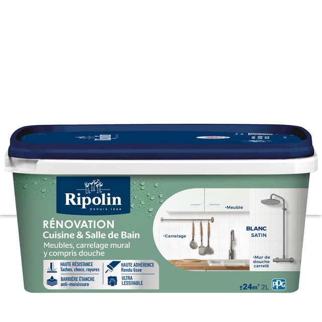 Peinture de rénovation meuble et carrelage blanc satin pièce humide 2 L - RIPOLIN