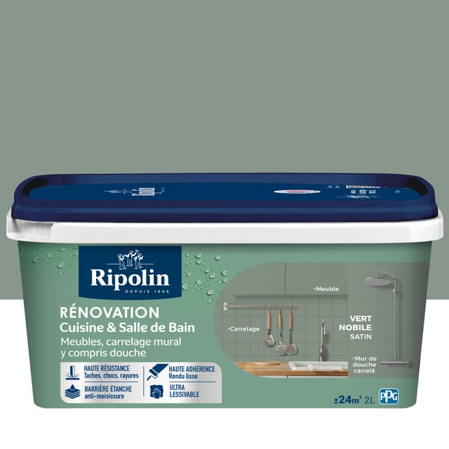 Peinture de rénovation meuble et carrelage vert nobile satin pièce humide 2 L - RIPOLIN