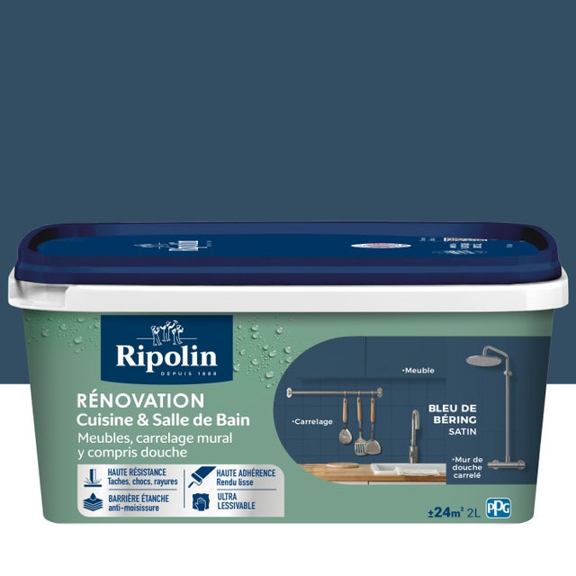 Peinture de rénovation meuble et carrelage bleu de bering satin pièce humide 2 L - RIPOLIN