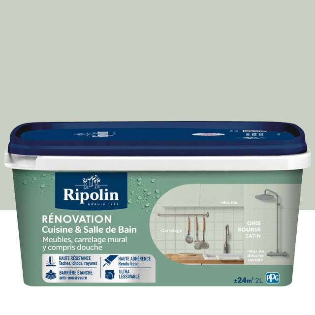 Peinture de rénovation meuble et carrelage gris souris satin pièce humide 2 L - RIPOLIN