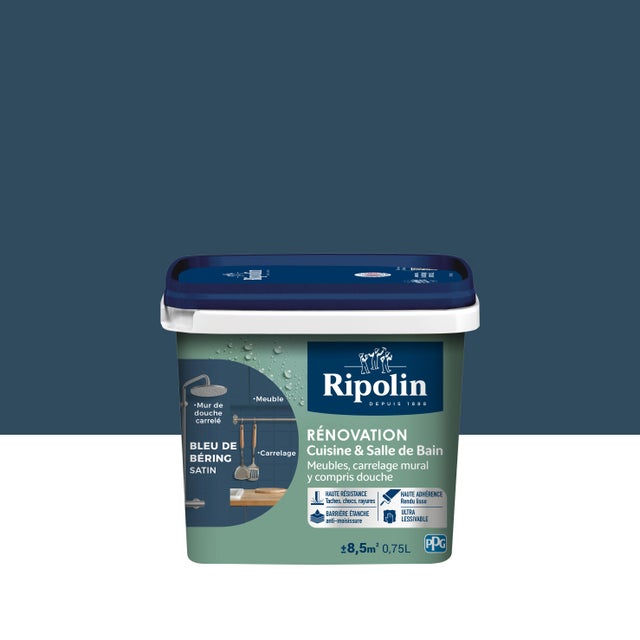 Peinture de rénovation meuble et carrelage bleu de bering satin pièce humide 0,75 L - RIPOLIN