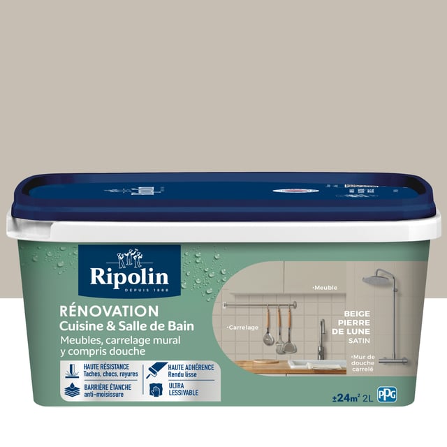 Peinture de rénovation meuble et carrelage beige pierre de lune satin pièce humide 2 L - RIPOLIN