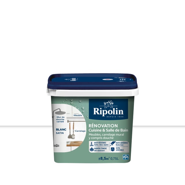 Peinture de rénovation meuble et carrelage blanc satin pièce humide 0,75 L - RIPOLIN