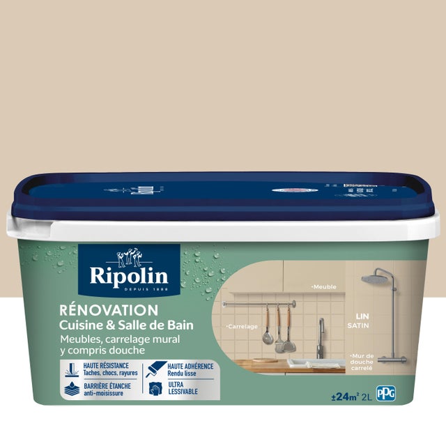 Peinture de rénovation meuble et carrelage lin satin pièce humide 2 L - RIPOLIN