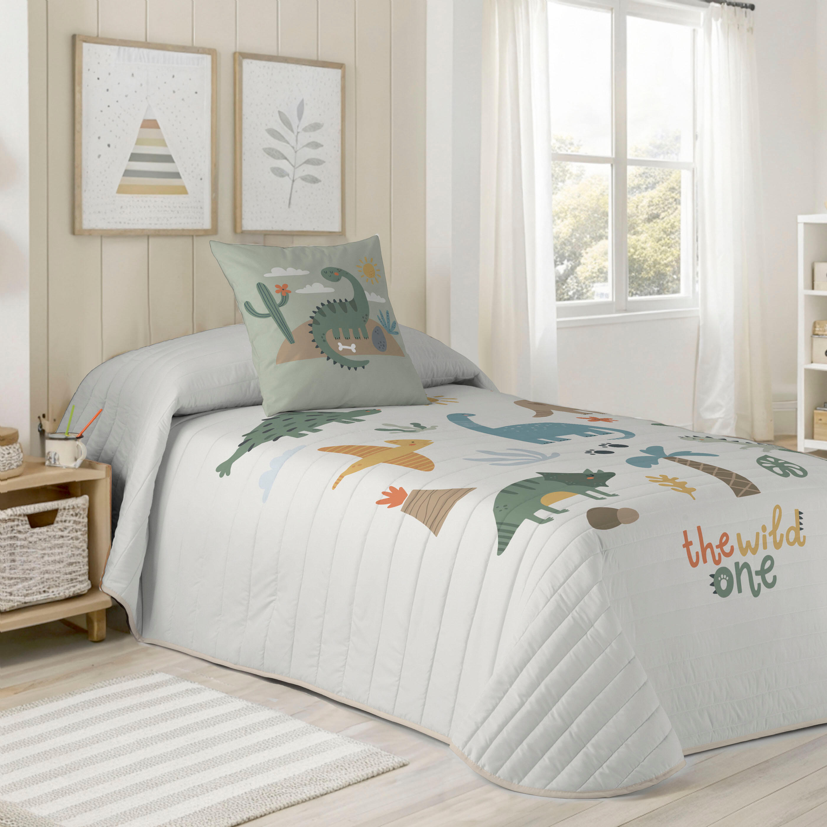 Colcha bouti reversible dinoland de algodón de 144 hilos para cama de 90 cm