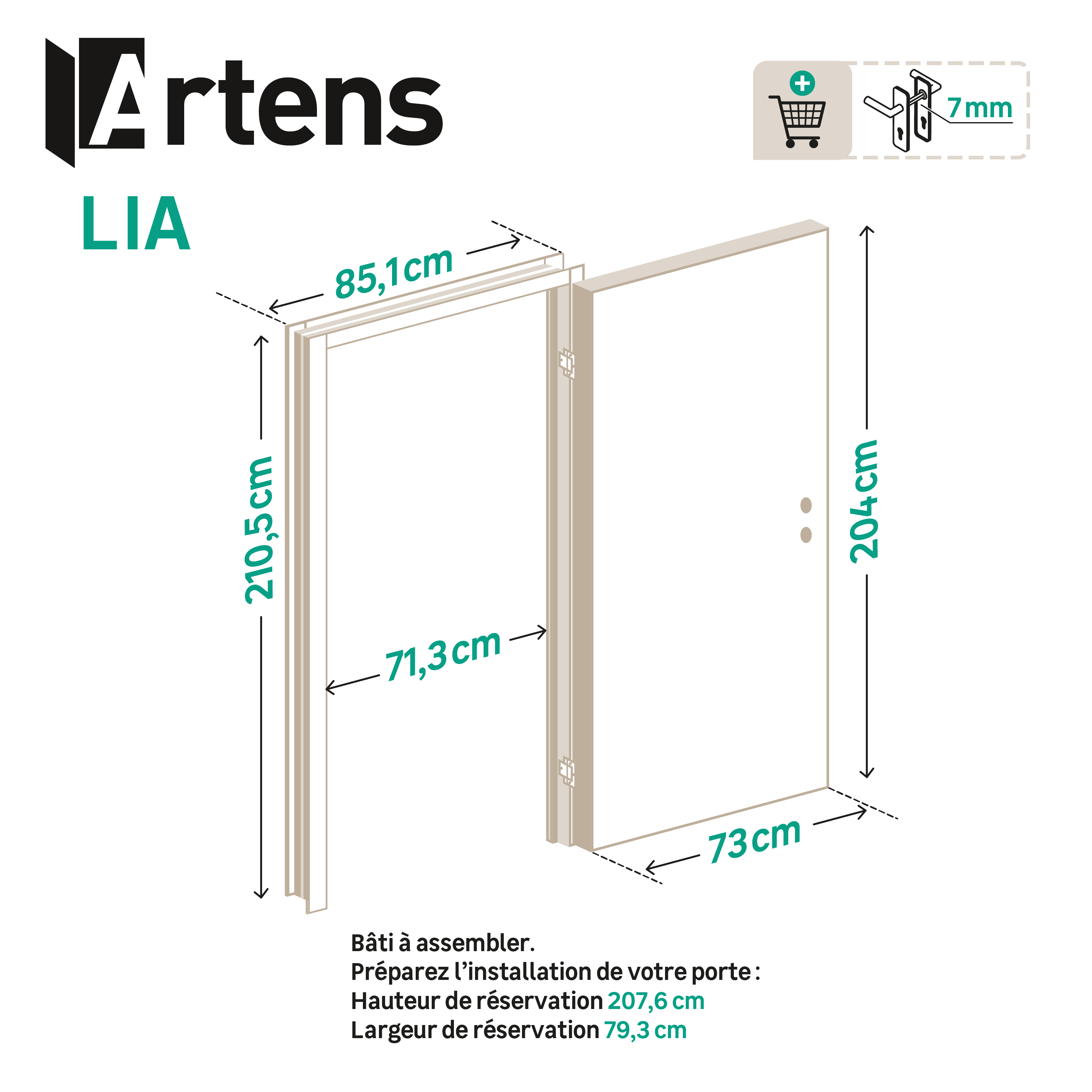 Bloc-porte fin de chantier Lia noyer, H.204 x l.73 cm, réversible - 3