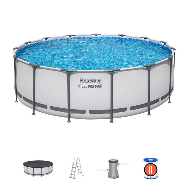Piscina tubular de acero gris redonda ø 4.57x1.22 m con depuradora de cartucho y escalera de seguridad BESTWAY