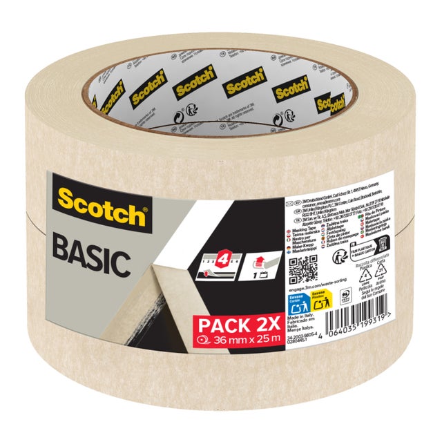 Lot de 2 rubans de masquage SCOTCH Multisurface Basic l.36 mm x L.25 m