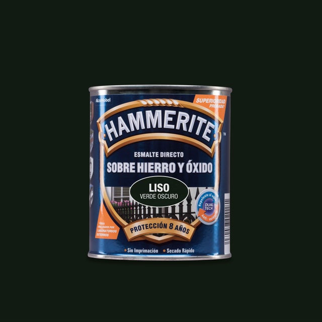Pintura exterior color verde oscuro para valla, hierro HAMMERITE brillante 750ML al disolvente aplicación directa sobre el óxido