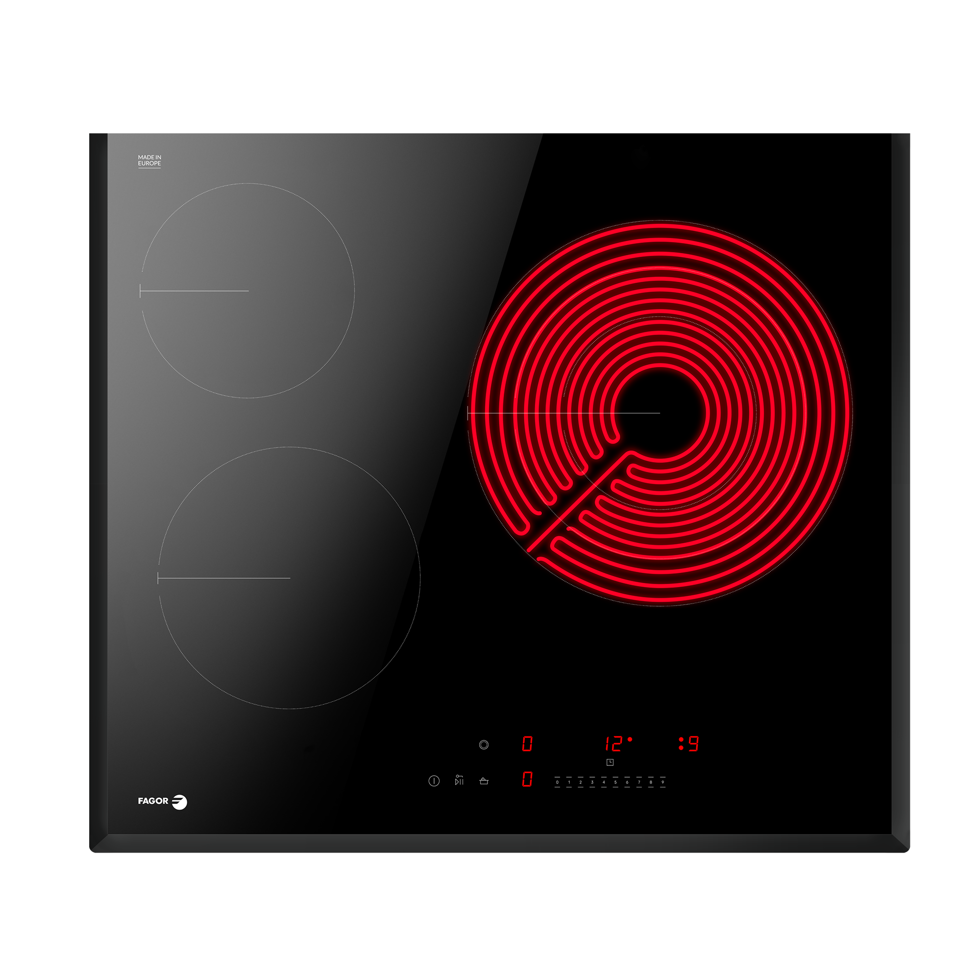 placa vitroceramica fagor 4vft-330b3s con 3 zonas de coccion zona grande de 28cm 5700 w negro 60cm