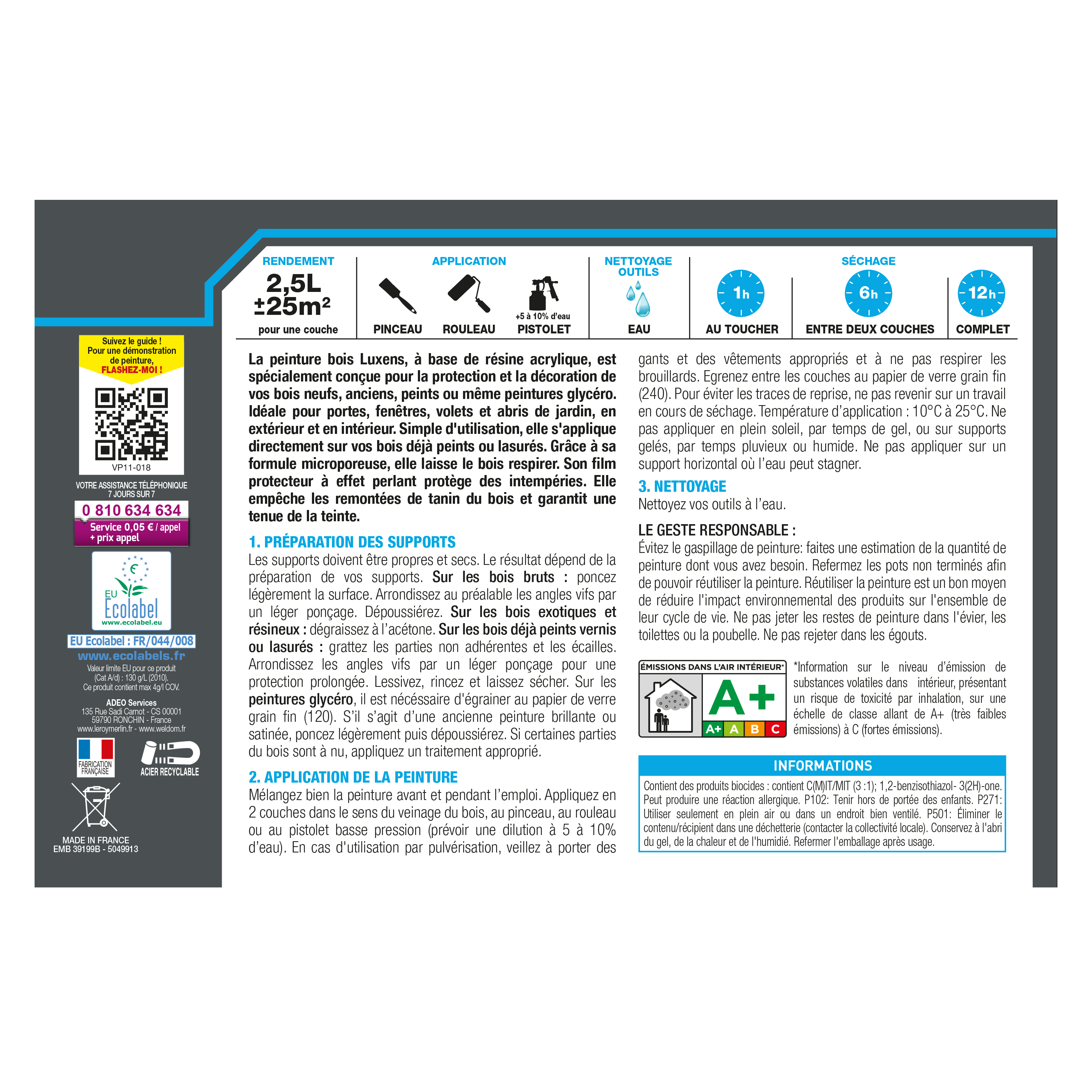 Peinture extérieure bois, Conditions extrêmes LUXENS vert mousse satiné  2.5l - 3