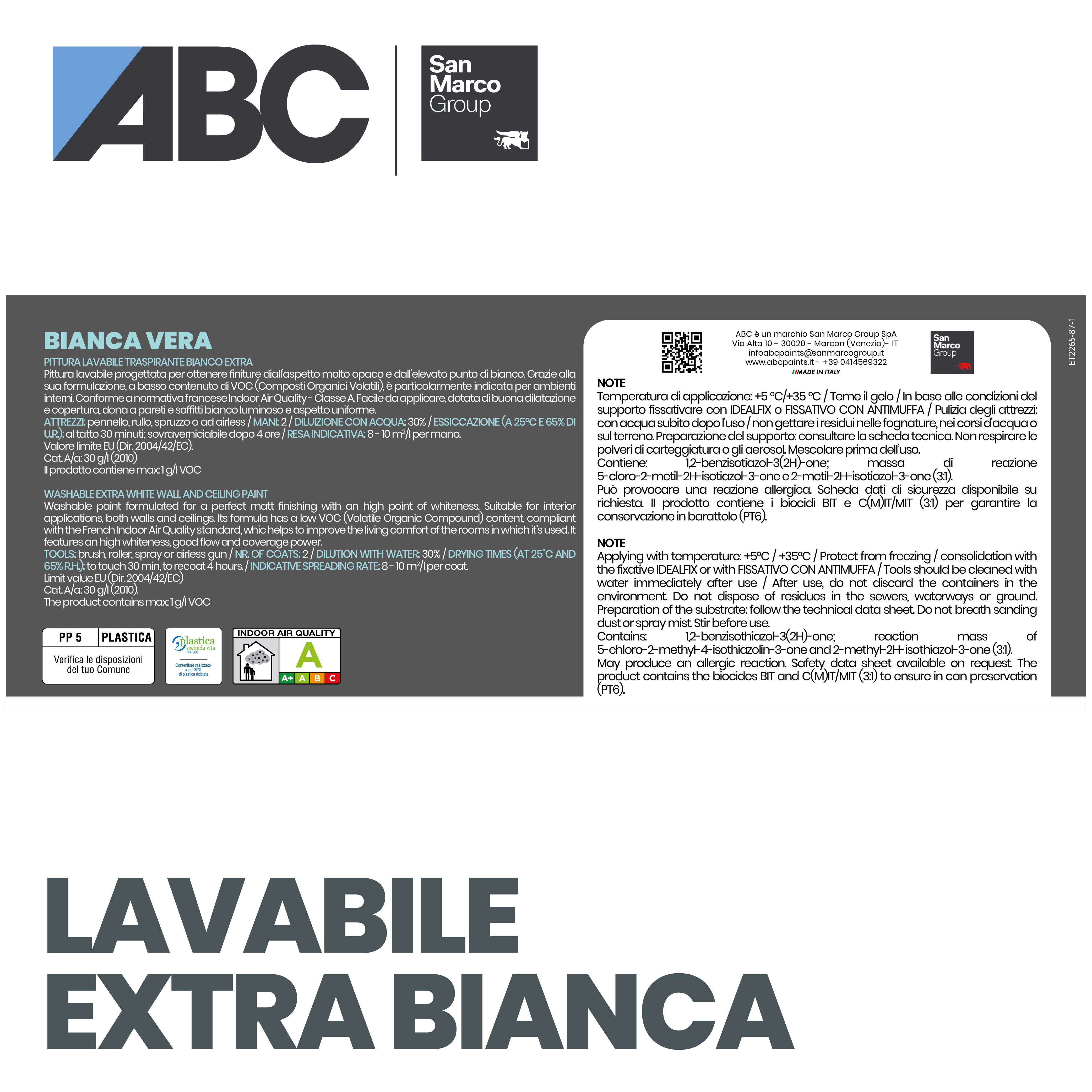 Pittura per interni per parete e soffitto lavabile, ABC Pittura Lavabile Extra bianca bianco opaco, 4 lt - 4