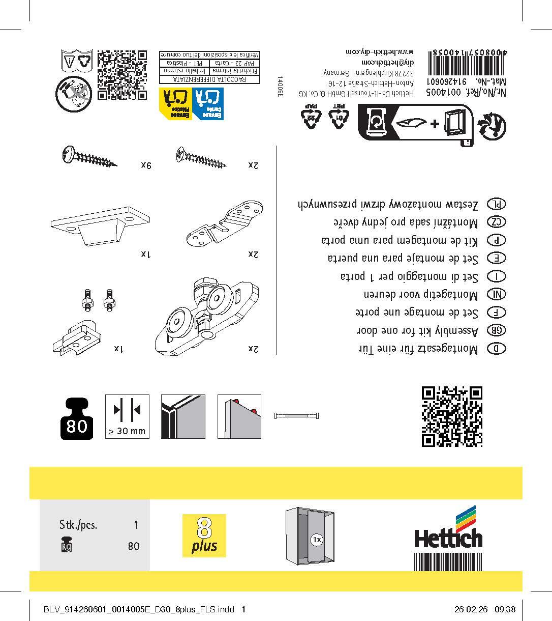 Kit montagem porta de correr HETTICH SET MONTAGEM PORTA P/Nº8 80 KG - 3