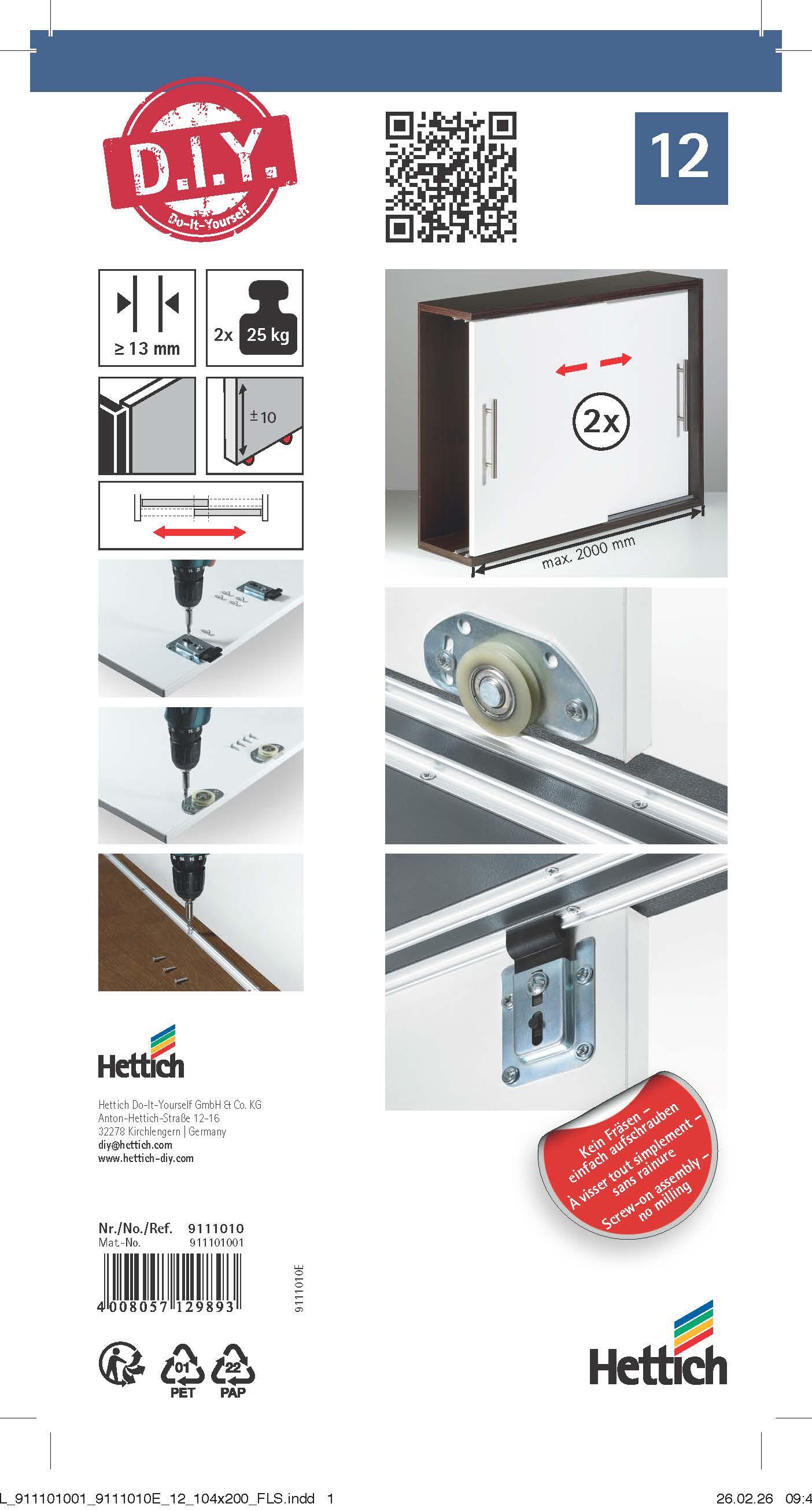 Kit montagem porta de correr HETTICH SET Nº12 PORTA CORRER INF 25KG - 3