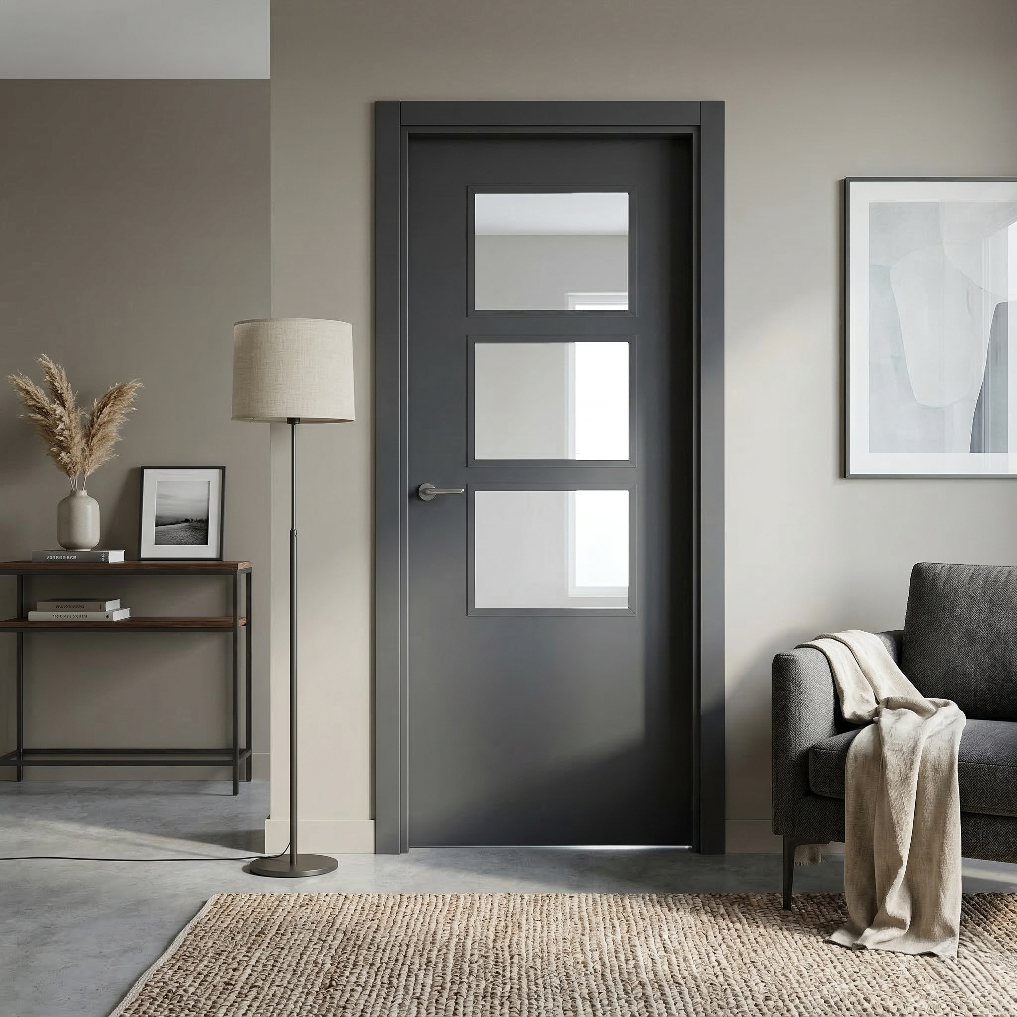 PUERTA INTERIOR EN BLOCK VINILO GRIS ACRISTALADA  82.5CM DERECHA  - 2