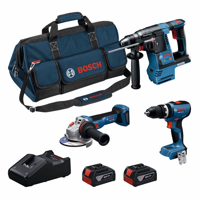 PACK TALADRO PERCUTOR + MARTILLO SDS PLUS + MINIAMOLADORA 18V BOSCH
