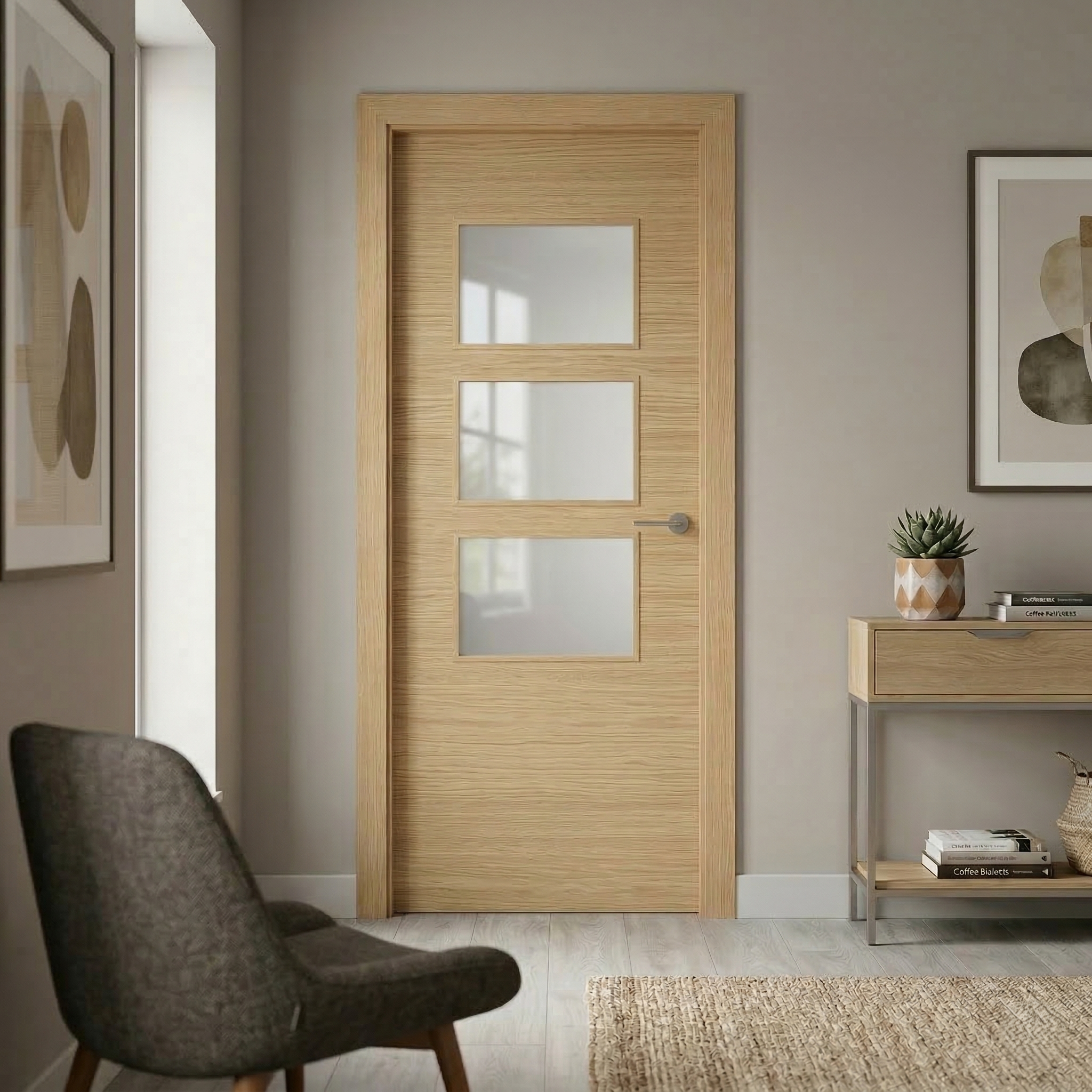 PUERTA INTERIOR EN BLOCK MELAMINA ROBLE VT5 VIDRIADA 70.5CM IZQUIERDA - 2