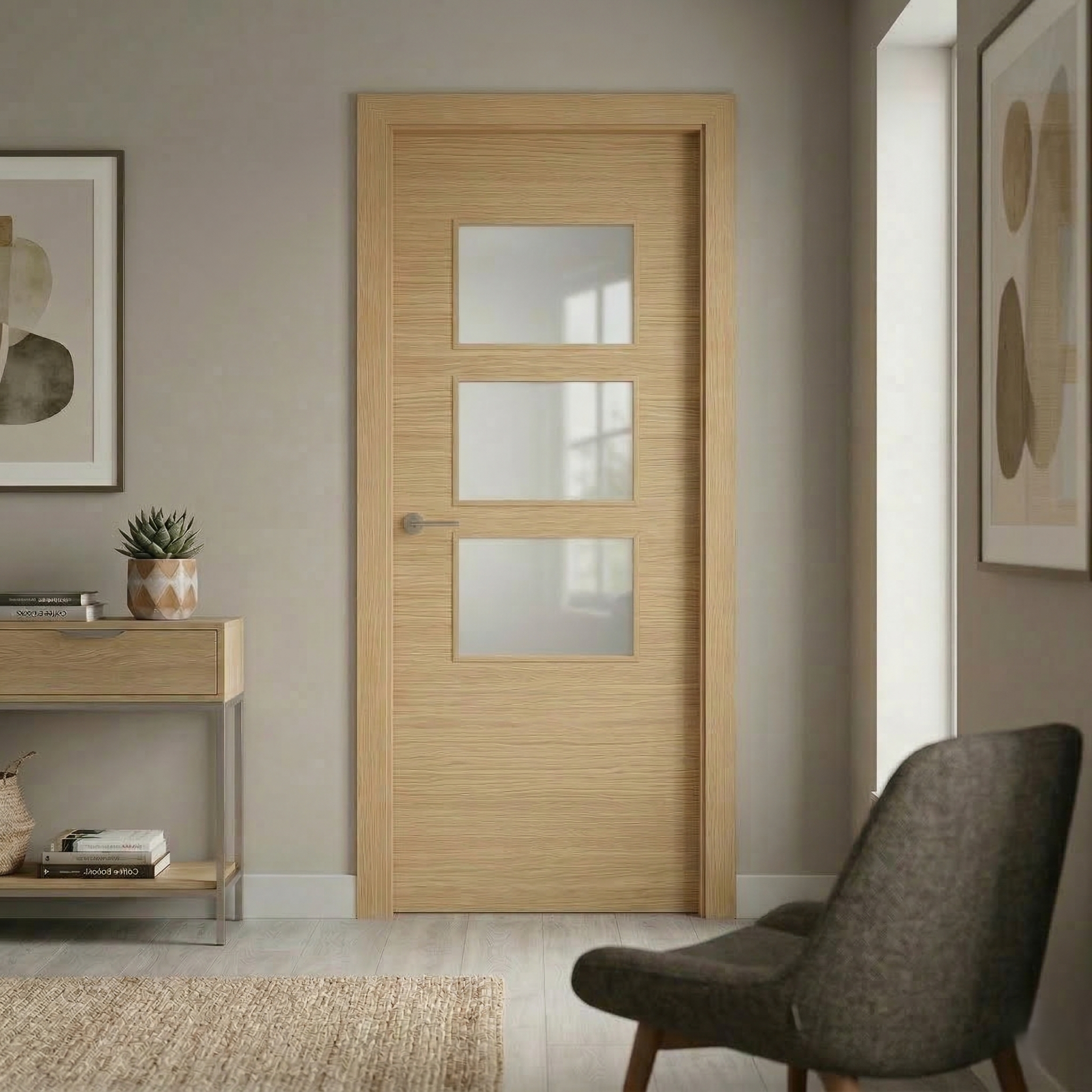 PUERTA INTERIOR EN BLOCK MELAMINA ROBLE VT5 VIDRIADA 70.5CM DERECHA - 2