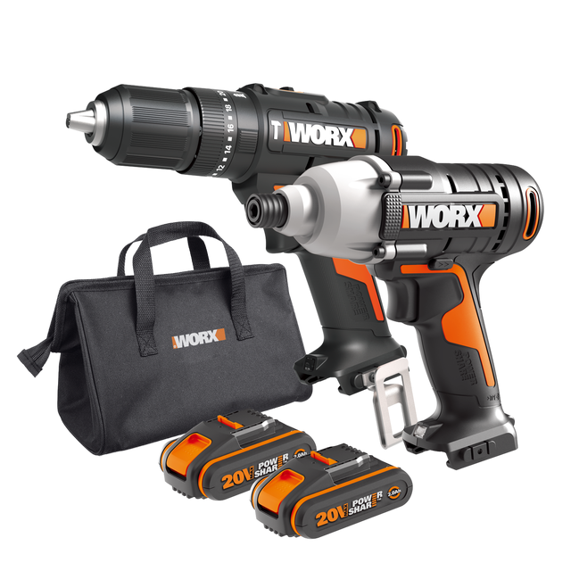 Zestaw narzędzi akumulatorowych WX902 wiertarko-wkrętarka udarowa WX370, zakrętarka udarowa WX291, ładowarka, 2x akumulator 20 V 2Ah + Torba Worx