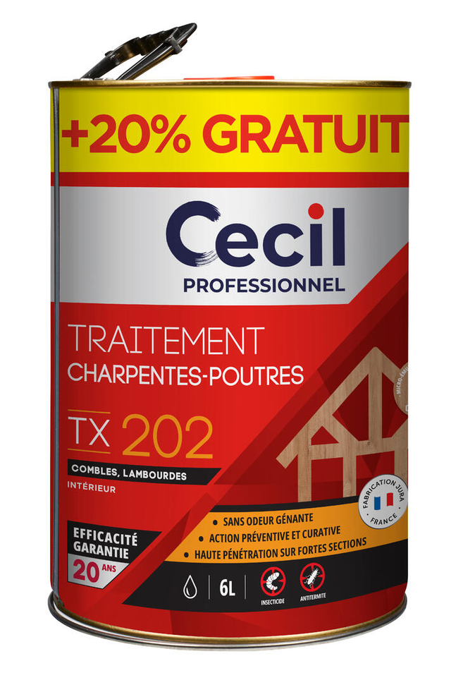 Traitement bois poutres et charpentes intérieures 5 L + 20 % gratuit TX202 - CECIL PRO