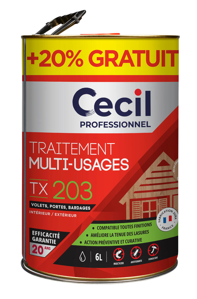 Traitement bois multi-usages volet porte bardage intérieur / extérieur 5 L + 20 % gratuit TX203 - CECIL PRO