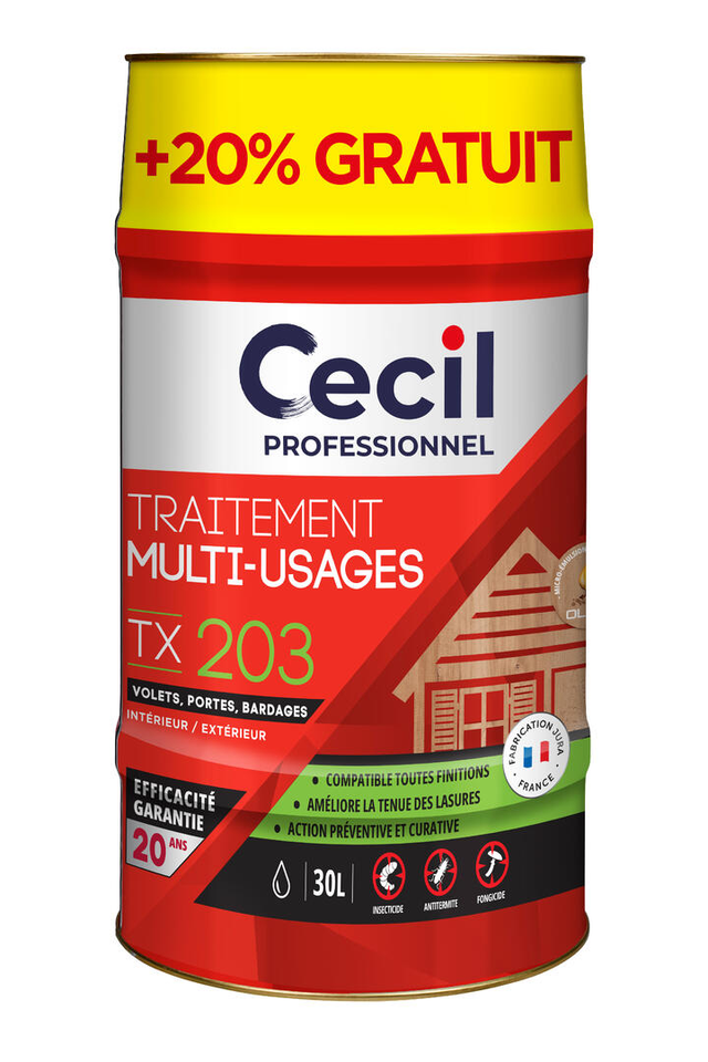 Traitement bois multi-usages volet porte bardage intérieur / extérieur 25 L + 20 % gratuit TX203 - CECIL PRO