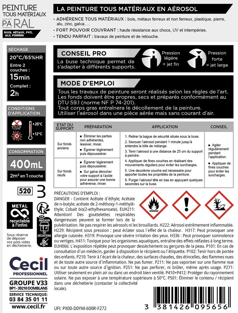 Peinture aérosol tous matériaux int/ext blanc brillant RAL9016 400 ml - CECIL PRO - 5