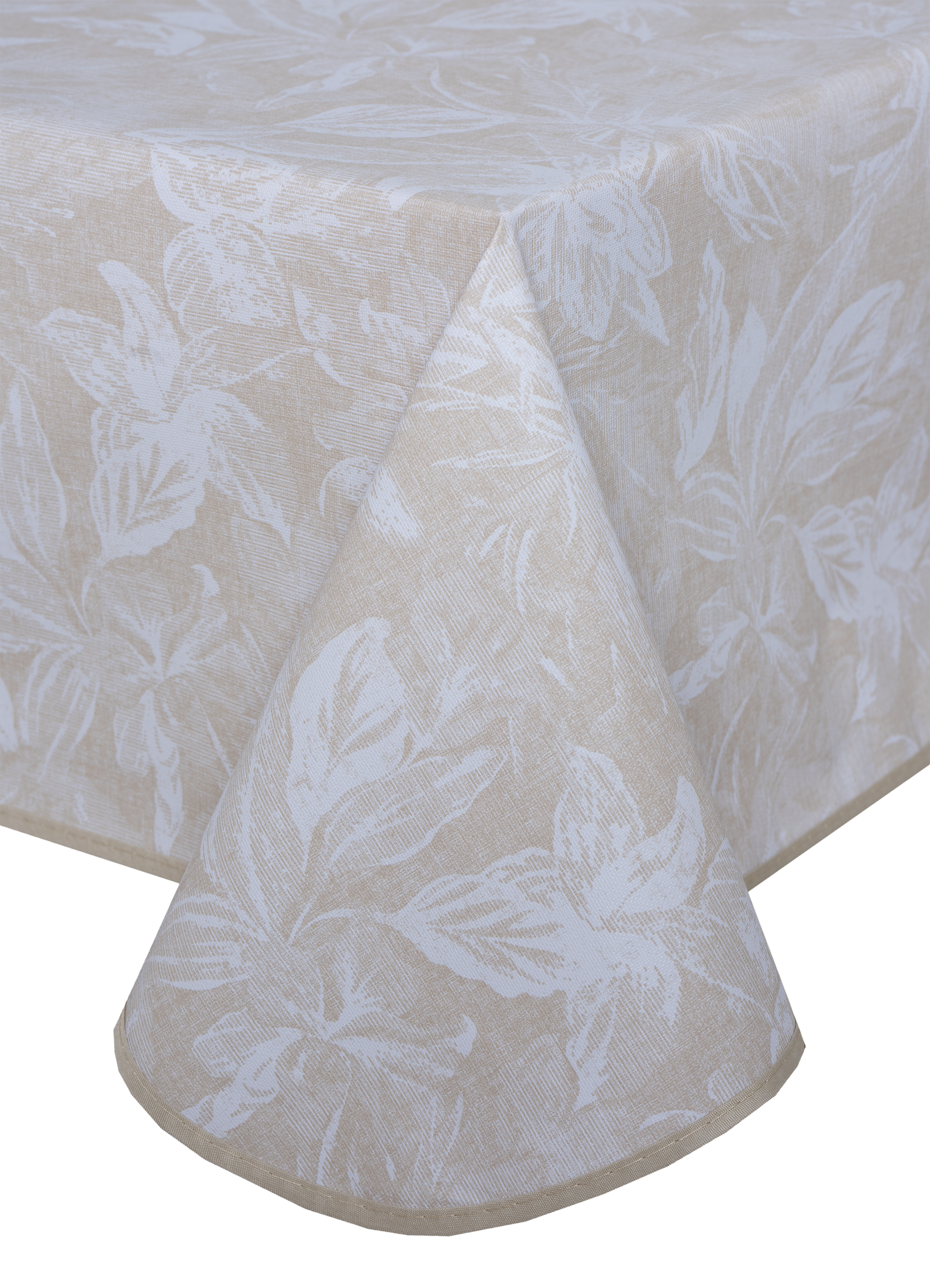 Obrus plamoodporny premium Mont 120 x 140 cm beżowo-biały w liście struktura tkaniny