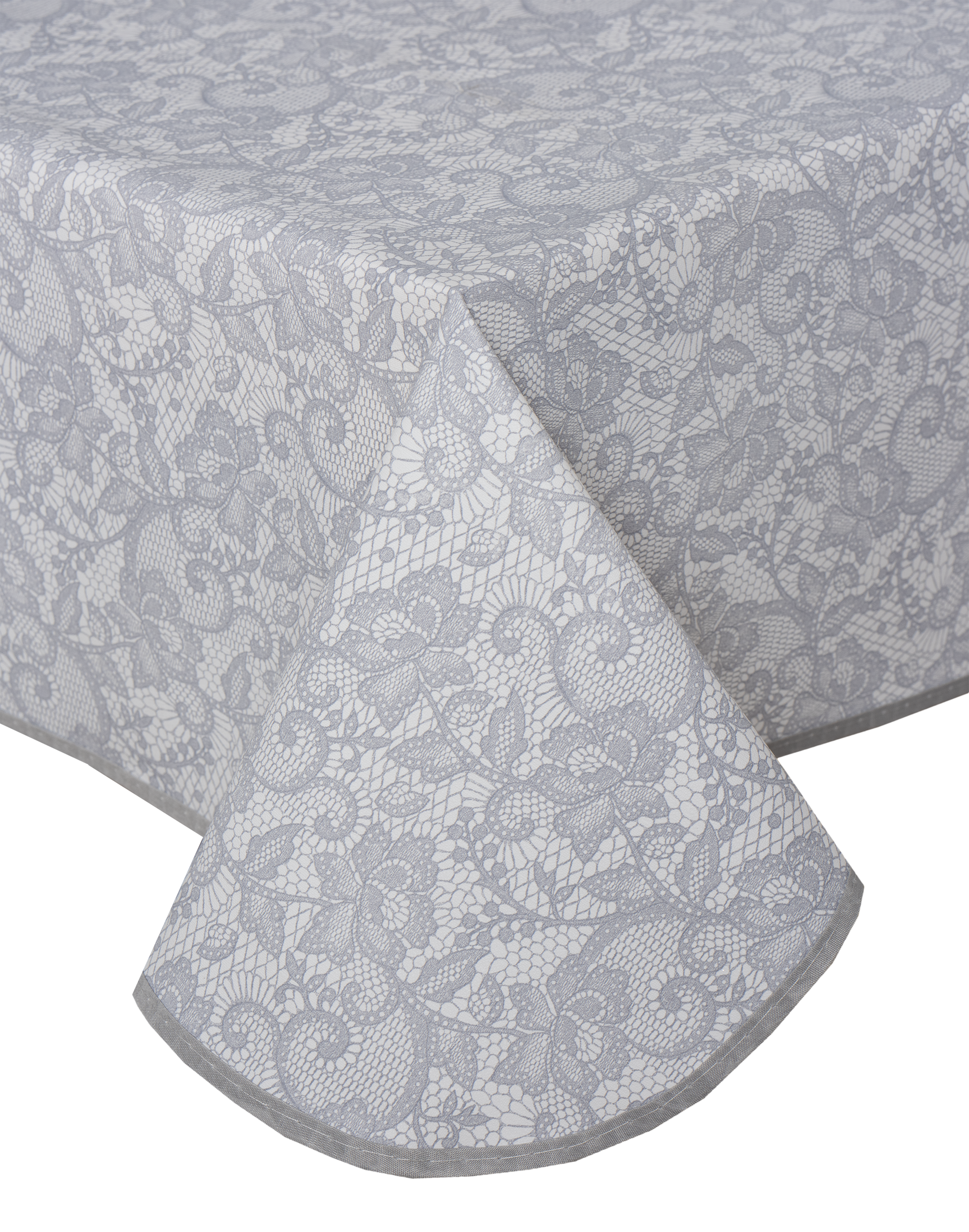 Obrus plamoodporny premium Yvo 120 x 140 cm PVC szaro-biały koronka