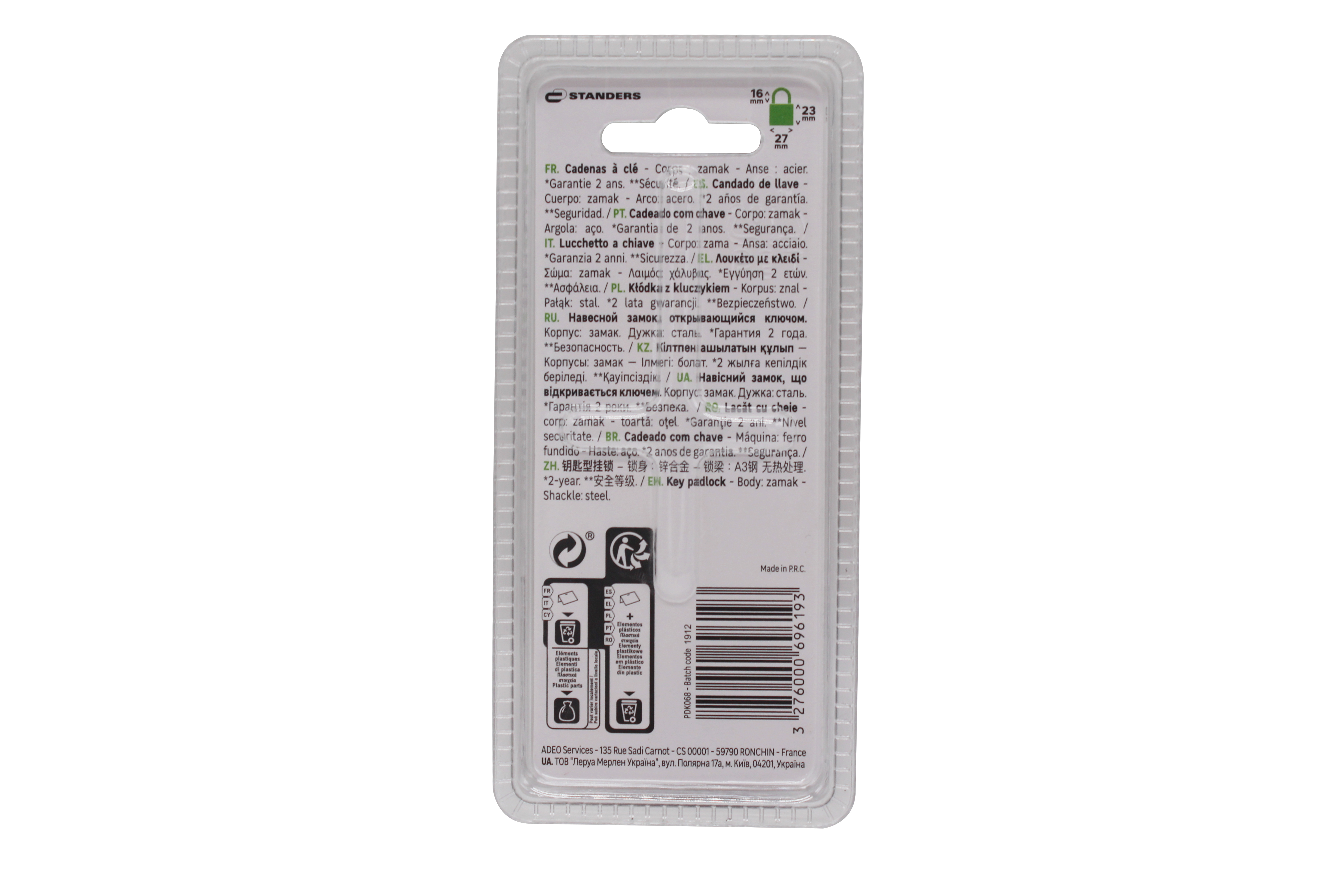 Cadenas avec clé TSA STANDERS acier, l.27 mm - 6