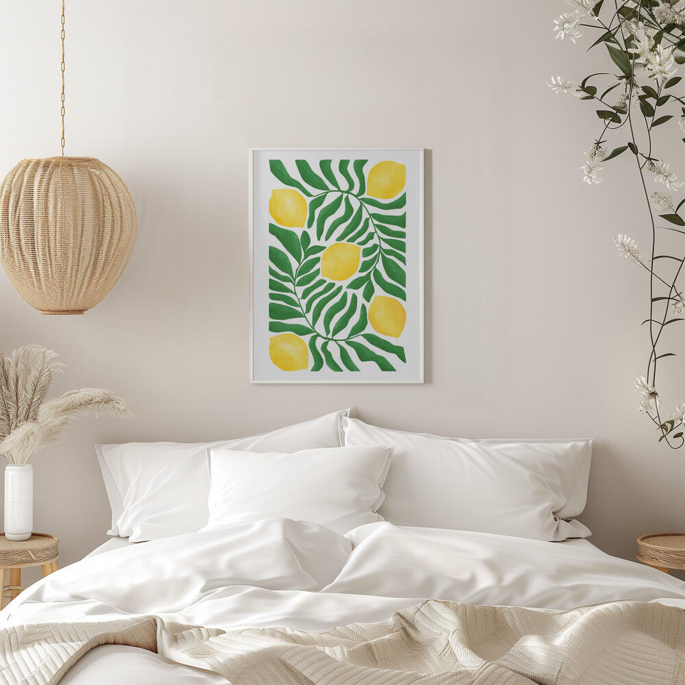 Cuadro pintura impresa enmarcada comida y bebida rectangular de 52 x 72 cm. plexiglás lemon & green verde y amarillo. marco color negro