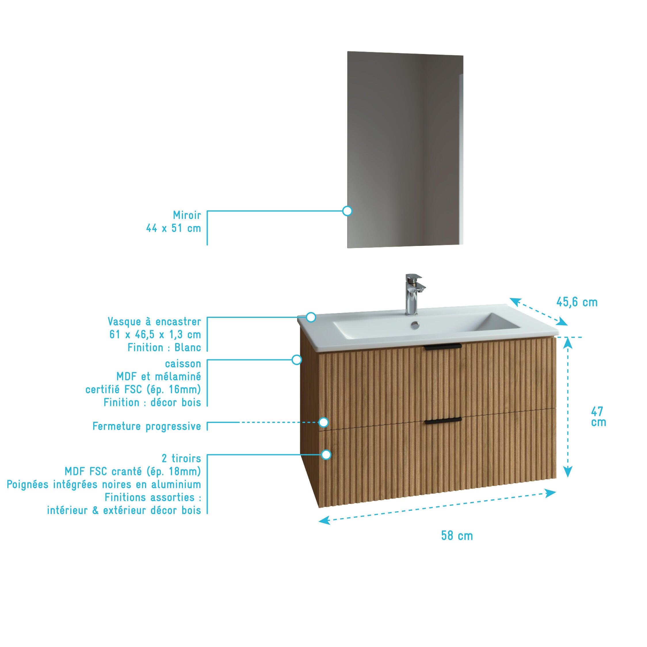 Ensemble meuble de salle de bains suspendu 2 tiroirs aspect chêne  L60 x P45 x H46,6 + vasque simple blanche + miroir AMELIA  - 5