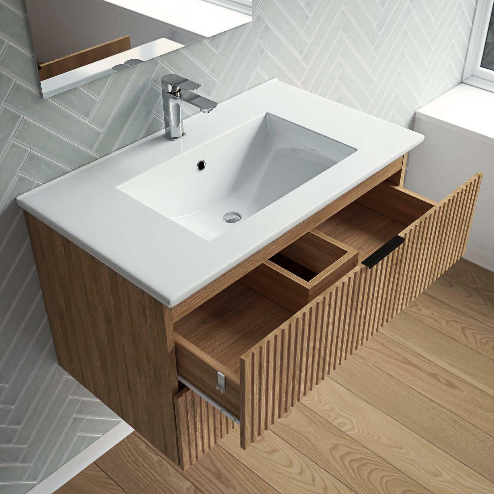 Ensemble meuble de salle de bains suspendu 2 tiroirs aspect chêne  L60 x P45 x H46,6 + vasque simple blanche + miroir AMELIA  - 4