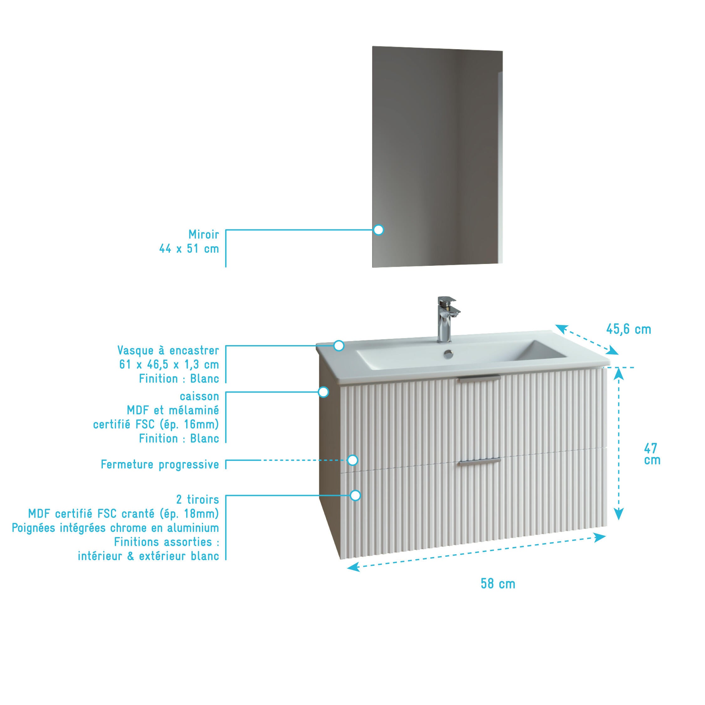 Ensemble meuble de salle de bains suspendu 2 tiroirs blanc L60xP45xH46,6 + simple vasque blanche + miroir AMELIA - 4