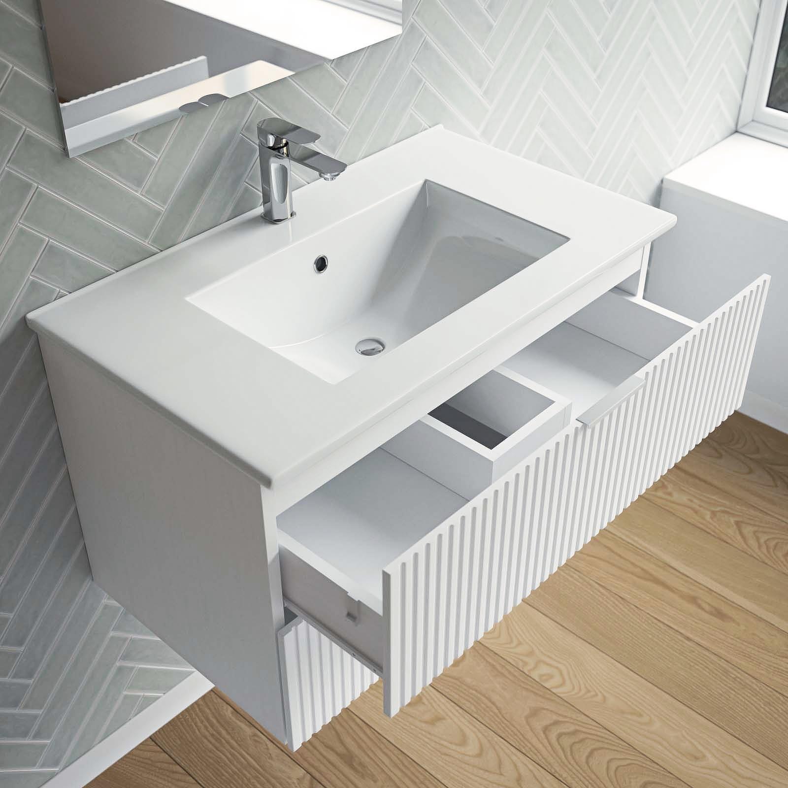 Ensemble meuble de salle de bains suspendu 2 tiroirs blanc L60xP45xH46,6 + simple vasque blanche + miroir AMELIA - 5