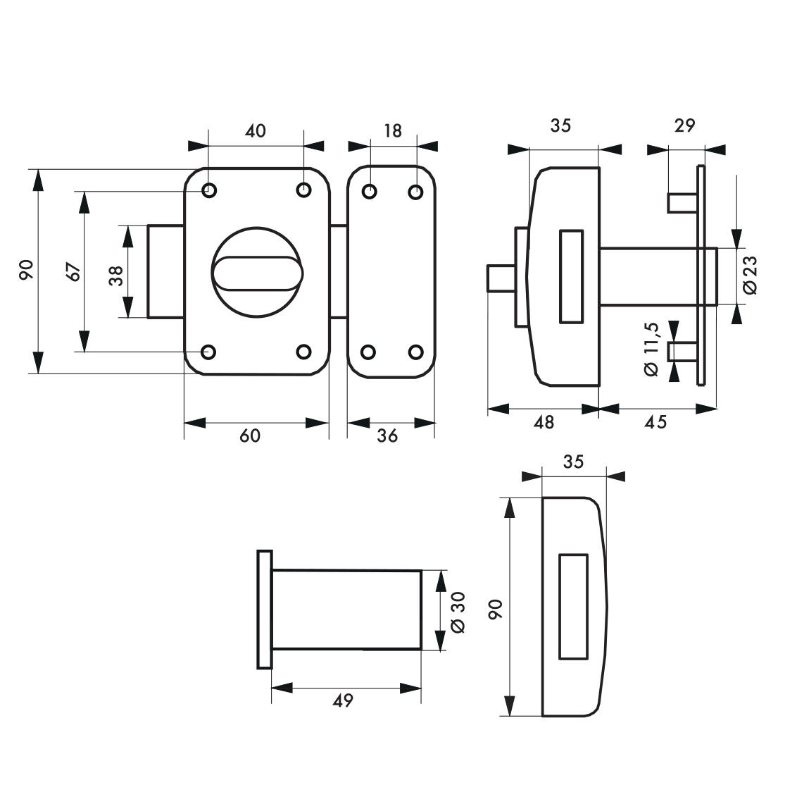 Verrou bouton / cylindre THIRARD Transit 2, L.45 mm ent.fix. 38  l.60 x h.90 mm - 3