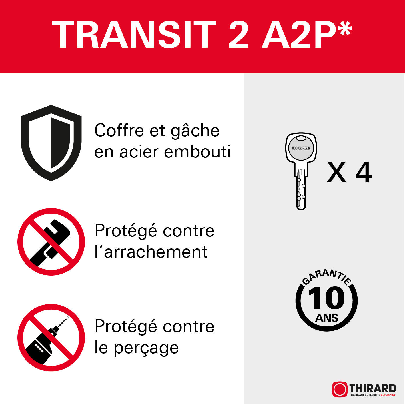 Verrou bouton / cylindre THIRARD Transit 2, L.45 mm ent.fix. 38  l.60 x h.90 mm - 7
