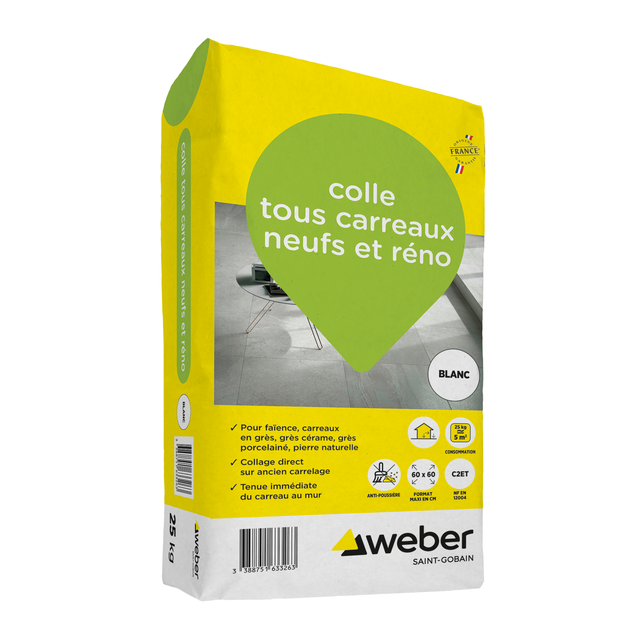 Mortier colle tous carreaux neuf et rénovation blanc WEBER, 25 kg