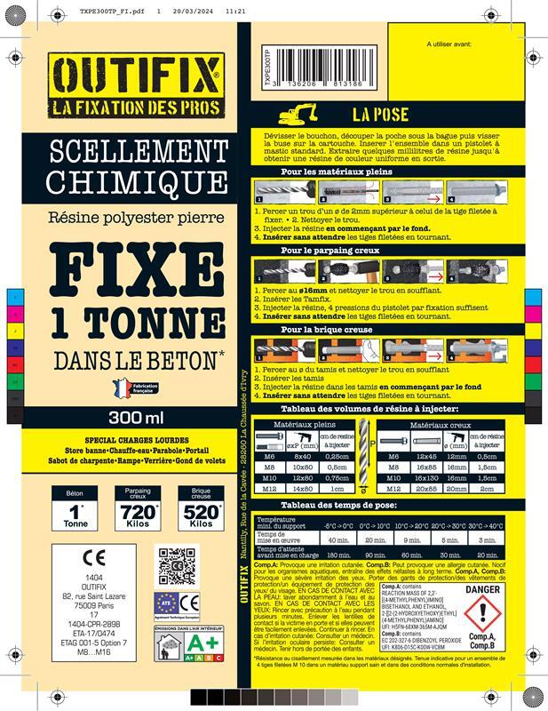 Cartouche de scellement chimique 300 ml pierre + 2 buses - OUTIFIX - 2