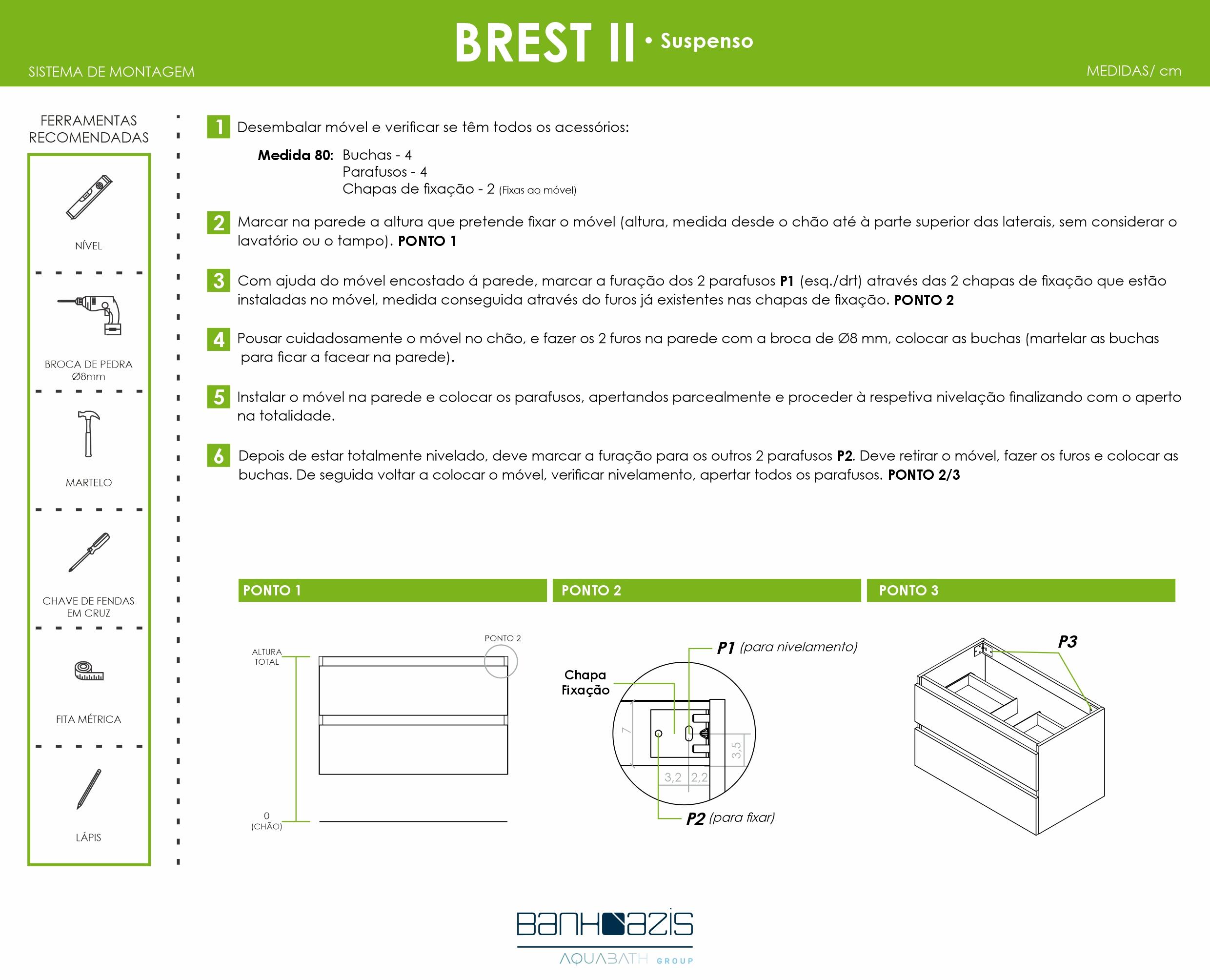 Móvel de casa de banho suspenso 2 gavetas 80x50x46 cm branco Banhoazis Brest II - 6