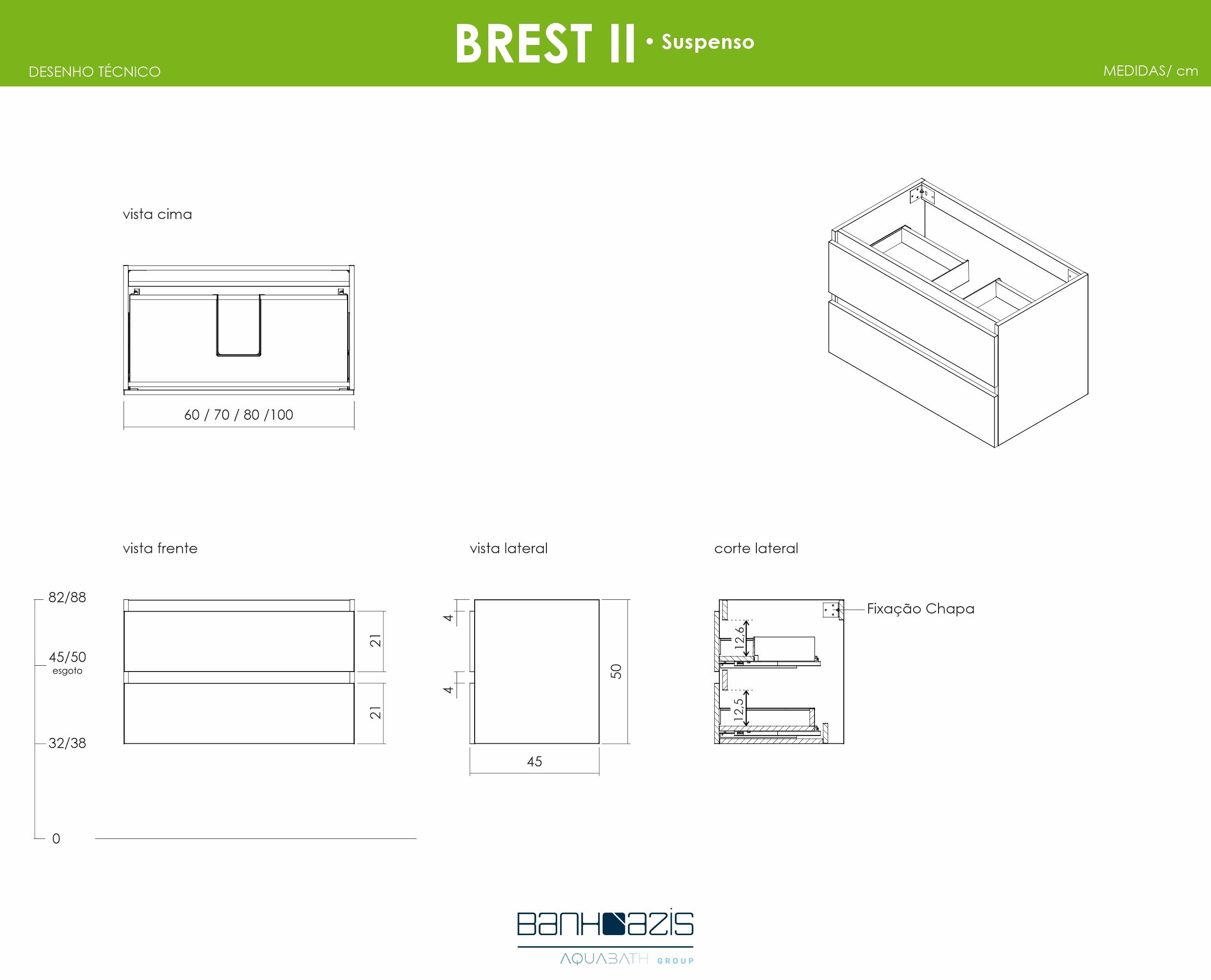Móvel de casa de banho suspenso 2 gavetas 80x50x46 cm branco Banhoazis Brest II - 5