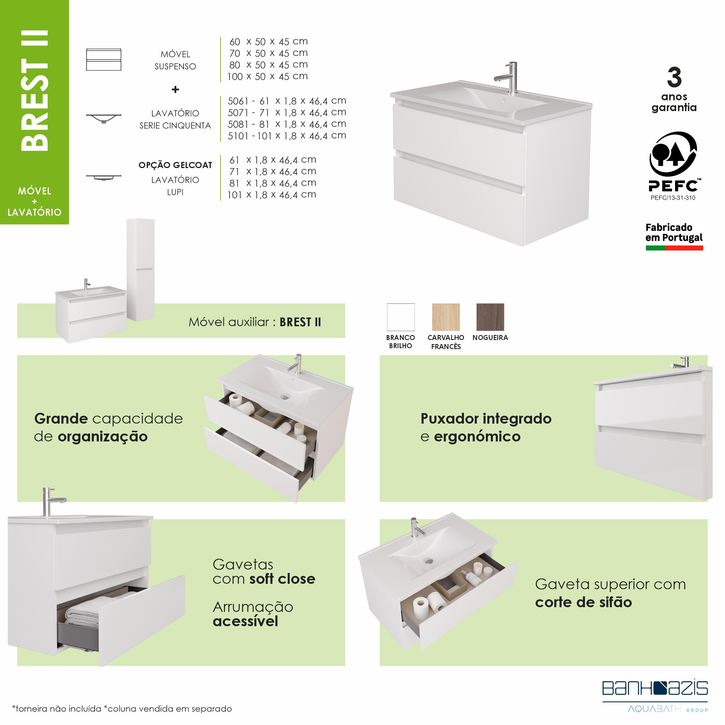 Móvel de casa de banho suspenso 2 gavetas 80x50x46 cm branco Banhoazis Brest II - 4