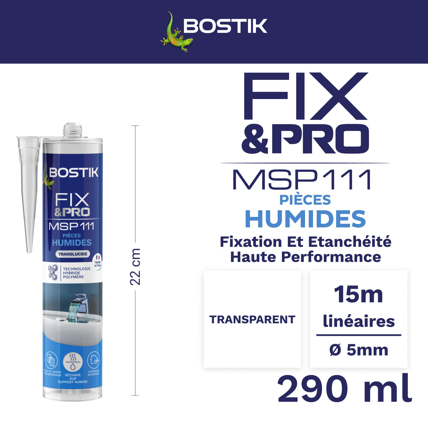 Colle fixation MS polymère pièce humide Fix&Pro msp111 BOSTIK 290ml transparent - 2
