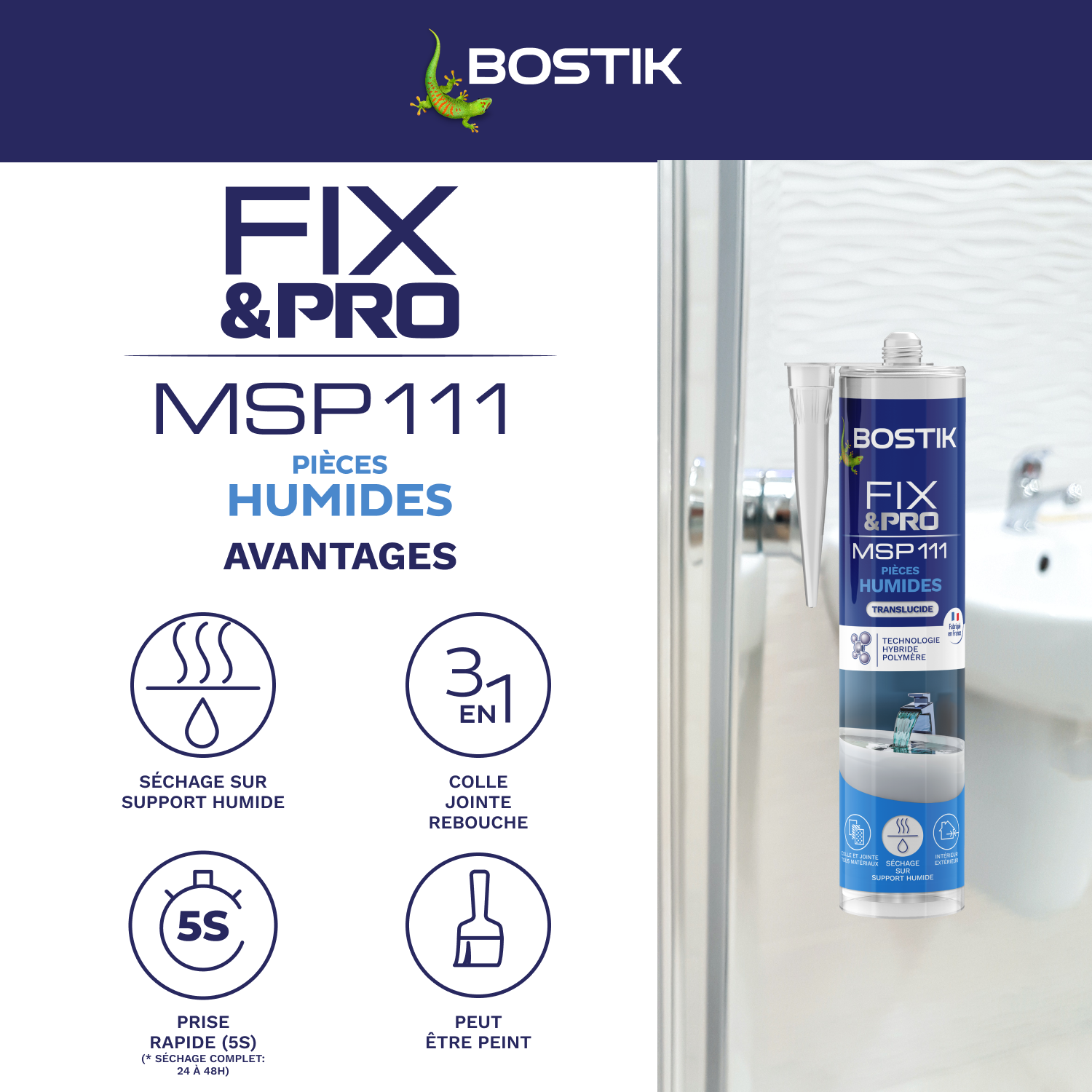 Colle fixation MS polymère pièce humide Fix&Pro msp111 BOSTIK 290ml transparent - 3