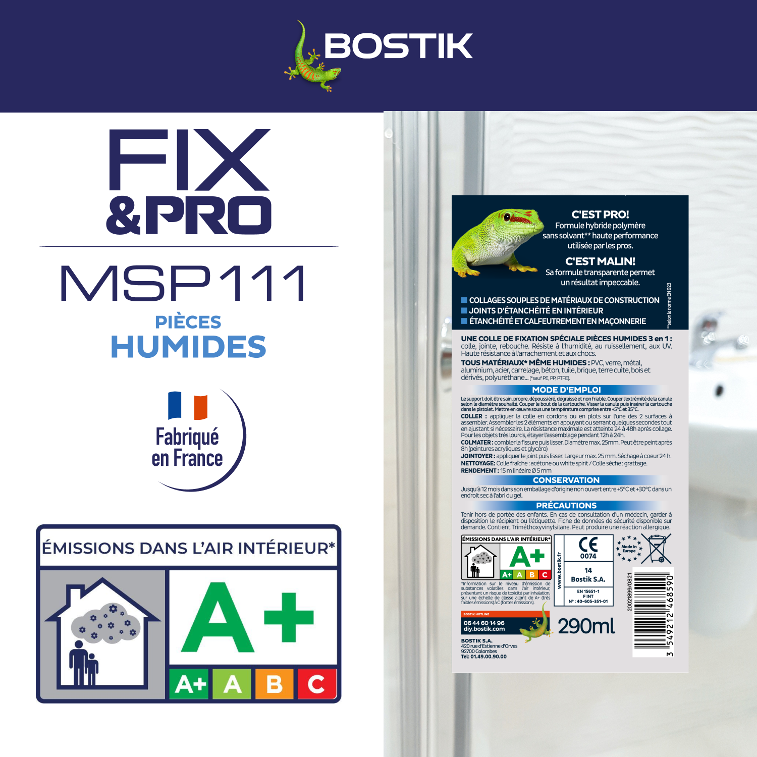 Colle fixation MS polymère pièce humide Fix&Pro msp111 BOSTIK 290ml transparent - 7
