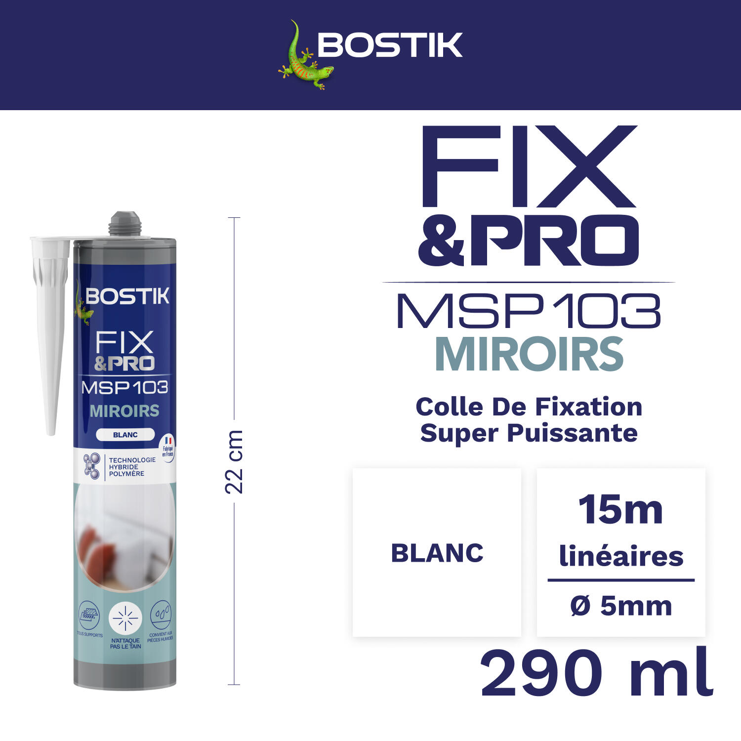 Colle de fixation gel MS polymère BOSTIK Miroirs fix&pro msp 103 blanc, 290ml - 2