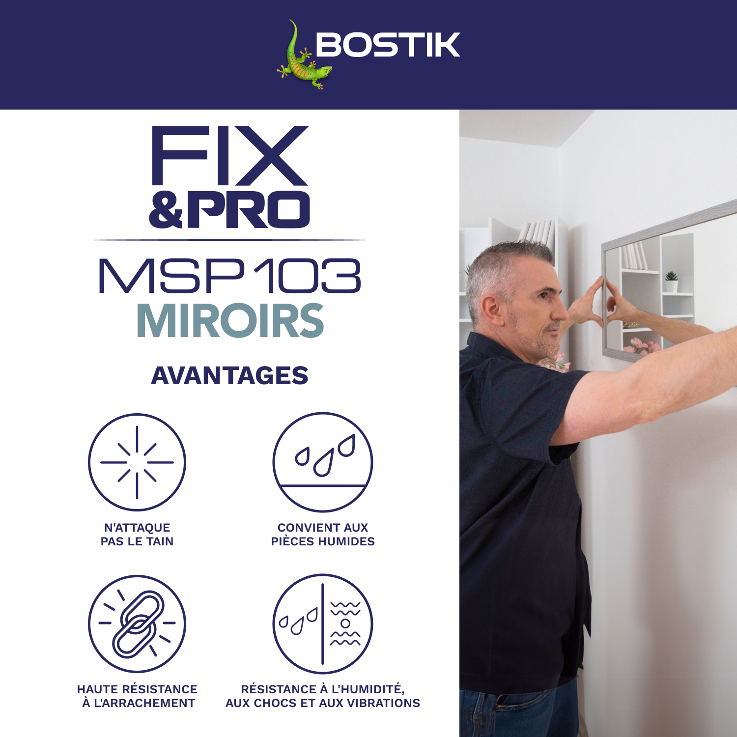Colle de fixation gel MS polymère BOSTIK Miroirs fix&pro msp 103 blanc, 290ml - 3