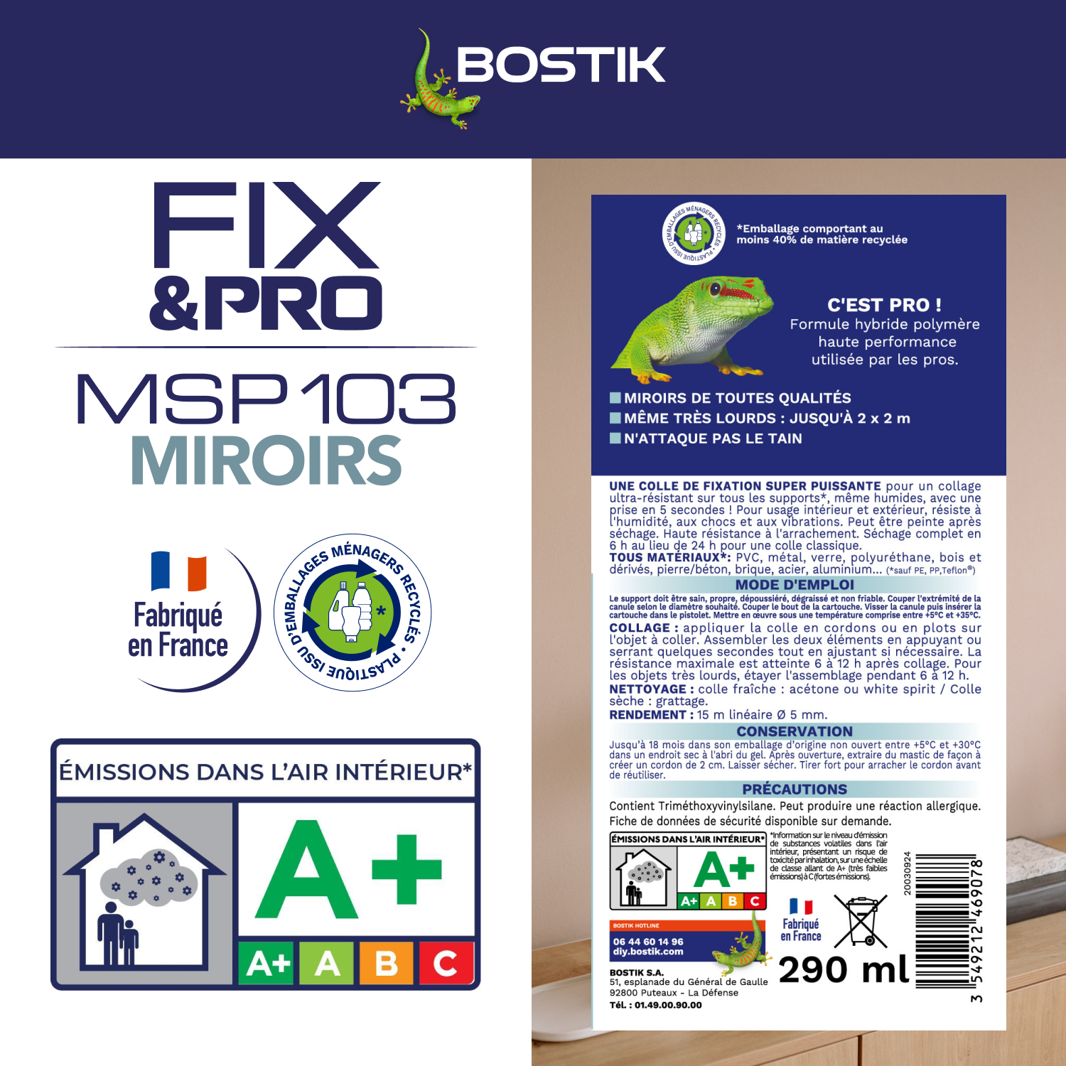 Colle de fixation gel MS polymère BOSTIK Miroirs fix&pro msp 103 blanc, 290ml - 6