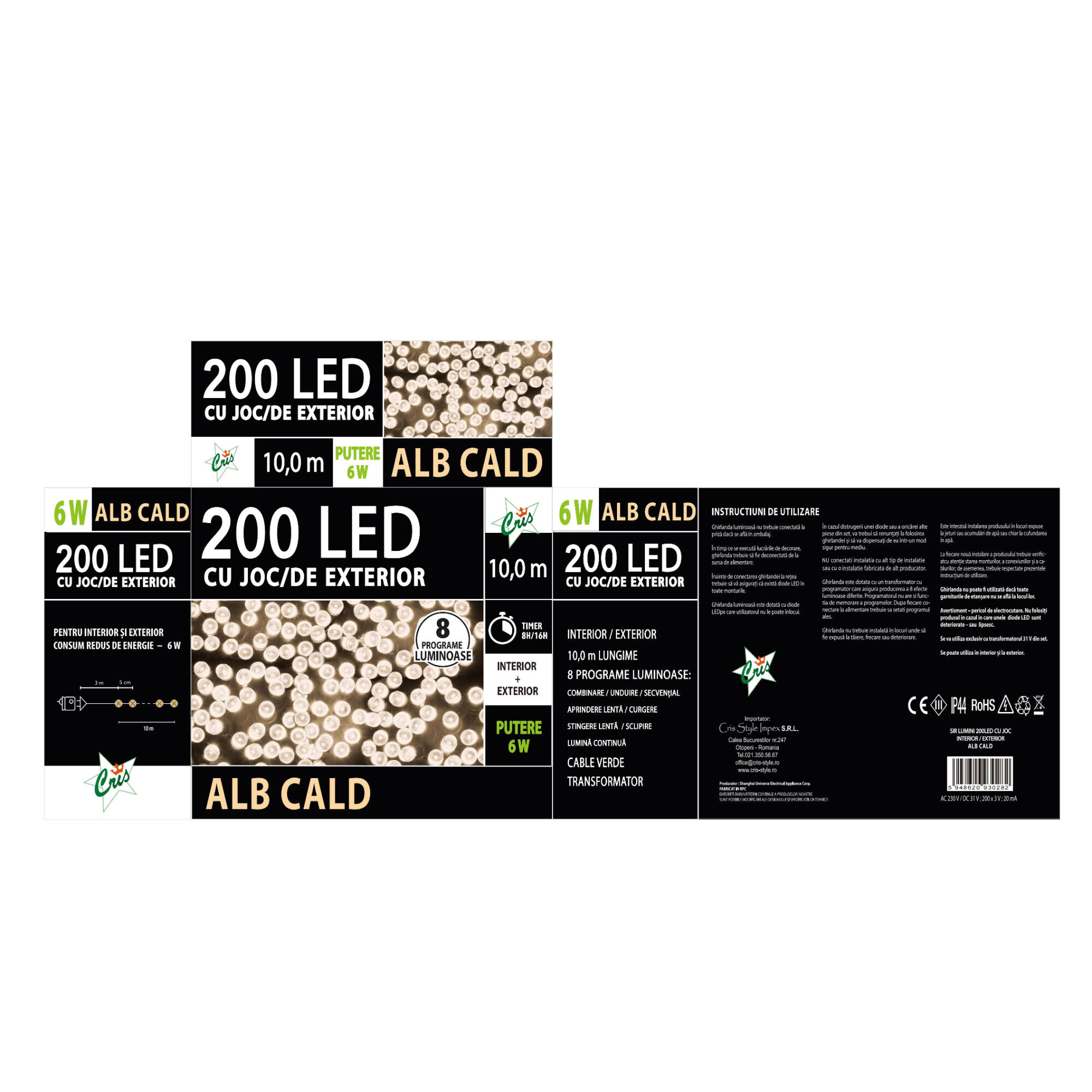 Instalatie de Craciun, tip sir, 200 LED-uri, lungime 10 m, lumina alb cald