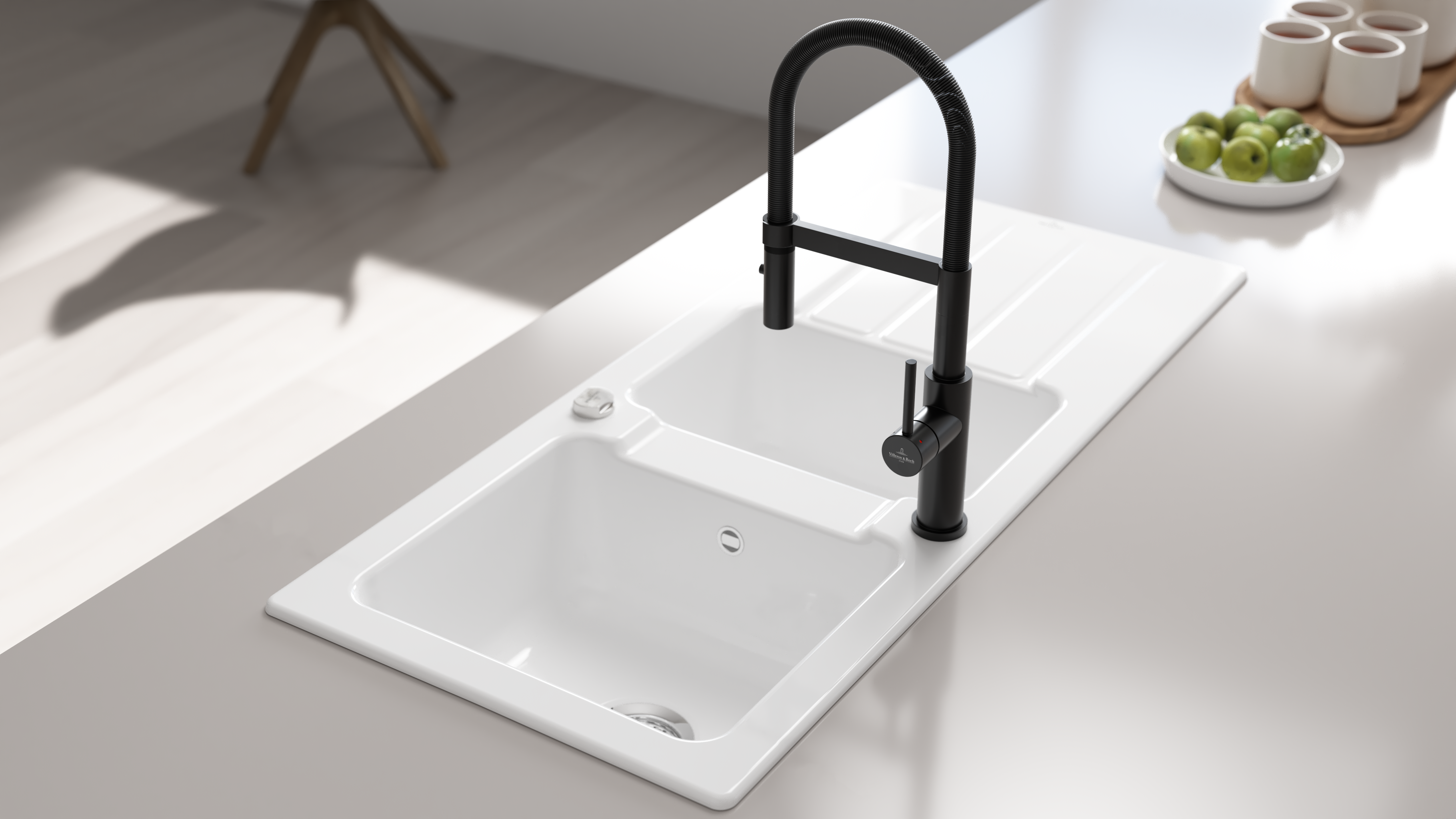 Evier en céramique 2 bacs 116 x 51 cm vidage inclus Crystal blanc - 3